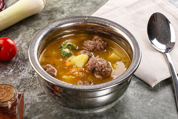 Soup with beef meatball and vegetables