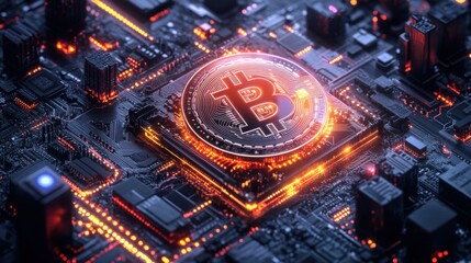 Poster - Isometric digital currency ecosystem with a central Bitcoin Ethereum