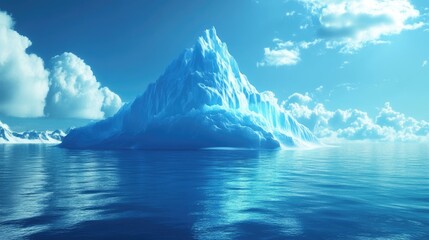 Wall Mural - Beautiful iceberg mountain surrounded by icy waters, with vibrant blue and white tones, set against a realistic background of sea and sky