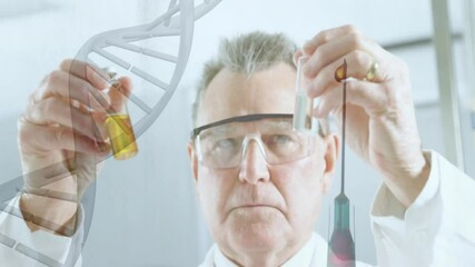 Poster - Scientist examining test tubes with DNA strand and syringe animation over laboratory scene