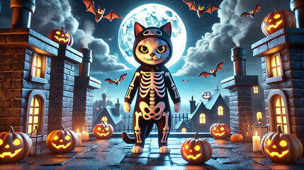 Fototapete - A spooky Halloween night with pumpkins and witches under a glowing moon in the city and village, with bats, ghosts, and black cats creating a festive, eerie atmosphere