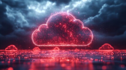 Poster - A red-tinged cloud computing concept with digital data flow interconnected network nodes