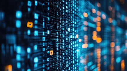 A futuristic abstract background with glowing blue and orange binary code on a dark background.