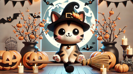 Fototapete - A fun cartoon Halloween scene featuring a happy pumpkin, a pumpkin with a smaller pumpkin, and playful Halloween characters like a witch, cat, vampire, and monster in a colorful, child-friendly design
