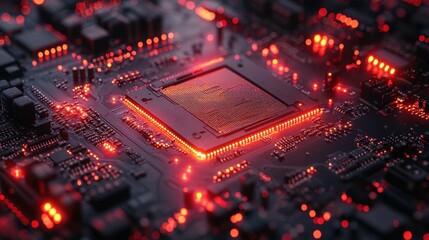 Poster - Close-up of a digital motherboard with glowing red LED lights and microchips
