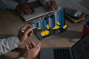 Poster - investment concept Businessman up arrow investment income and growth with money