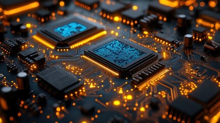 Poster - Close-up of a computer circuit board with glowing microchips intricate circuitry