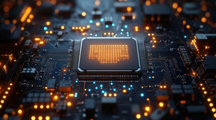 Poster - Close-up of a computer circuit board with glowing microchips intricate circuitry