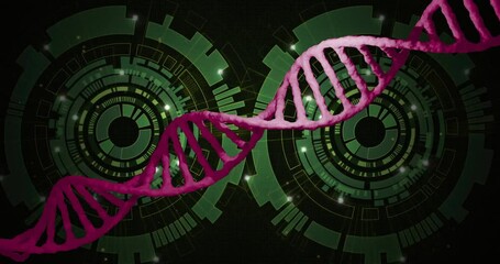 Sticker - DNA strand animation over green digital interface background