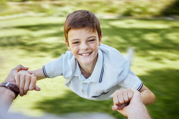 Poster - Father, child or portrait in nature for spin, support and trust in relationship. Kid, fun or dad POV in garden for activity, bonding or excited on weekend with energy, love or holding hands in Sweden