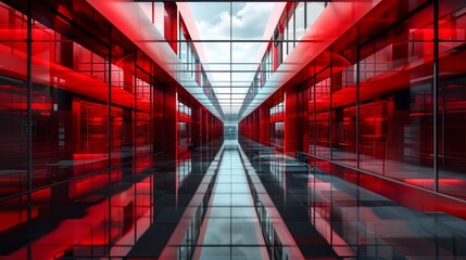 Poster - A long hallway with red walls and white floors