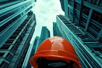 Poster - Orange Hard Hat Against a Background of Modern Skyscrapers