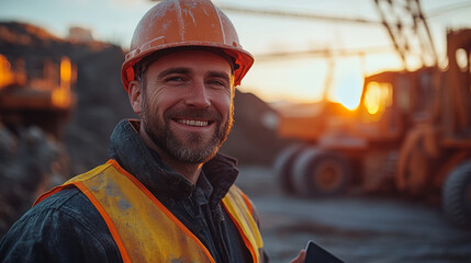 A smiling engineer wearing hard hat and safety vest stands confidently at construction site during sunset. warm glow of sun enhances positive atmosphere of scene