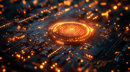 Wall Mural - a close up view of futuristic circuit board with glowing orange lights, showcasing innovative financ
