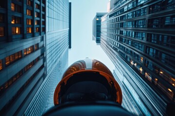 Poster - Upward View of Orange Hard Hat and City Buildings