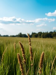 Wall Mural - Tall grass with brown seed heads against a blue sky.