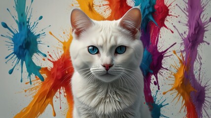 Canvas Print - White Cat with Colorful Splatter