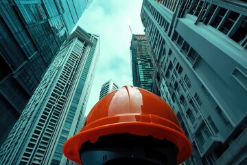 Poster - Orange Hard Hat in Front of Tall Modern Buildings