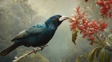 Poster - A Bird Perched on a Branch, Sniffing a Flower