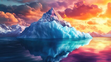 Wall Mural - Stunning iceberg mountain floating in icy waters, with vivid colors and a dramatic, realistic sky in the background