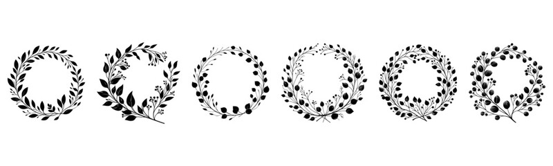 Wall Mural - eucalyptus wreath clipart collection - round black silhouette frames for wedding invitations and dec
