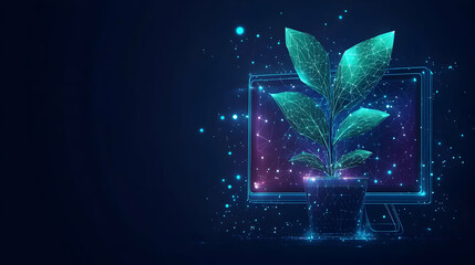 Wall Mural - Abstract Plant Growth in Low Poly Style with Computer Monitor Background