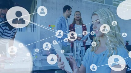Poster - Network of connections animation over diverse business people in modern office