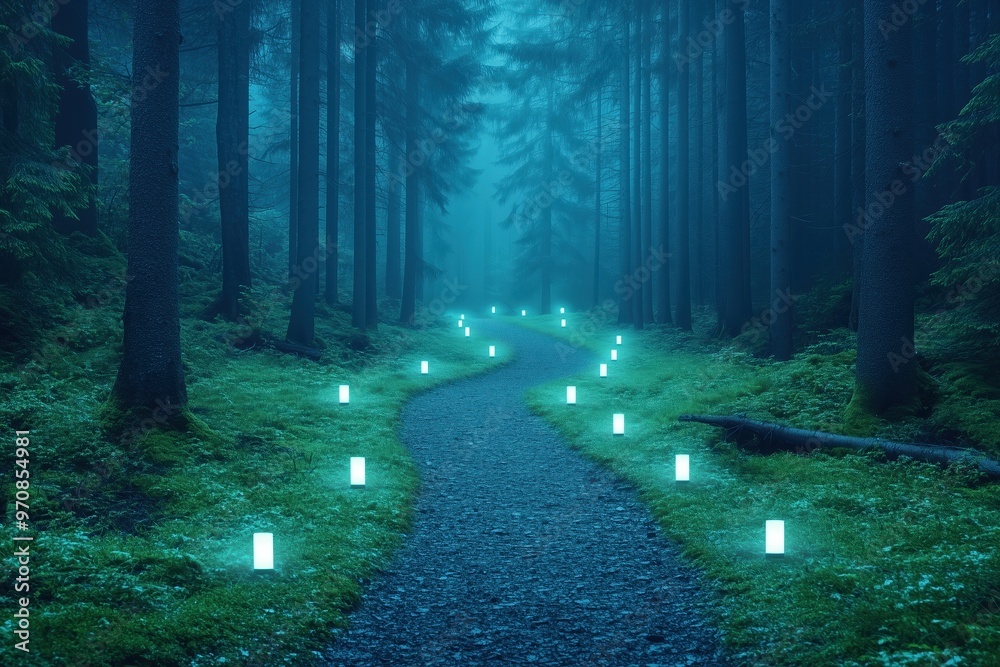 Enchanted Forest Path: A winding path illuminated by glowing lanterns ...
