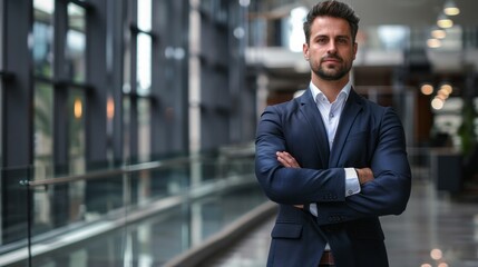 Fototapete - A man in a suit stands in a large room with his arms crossed