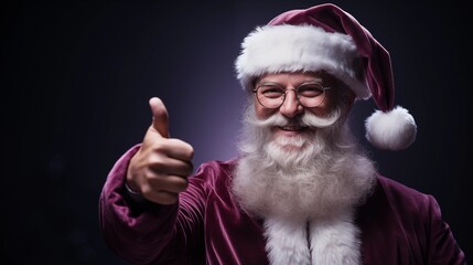 Wall Mural - santa claus hand with thumbs up gesture on red background.