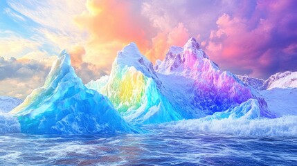 Wall Mural - Vibrant iceberg mountain floating in clear, icy waters, with bright colors and a dramatic, realistic sky in the background