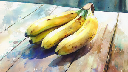 A bunch of ripe bananas resting on wooden table, showcasing their vibrant yellow color and natural texture. scene evokes sense of freshness and simplicity