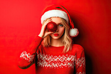 Serious young woman with a Christmas ball on her eye isolated on red