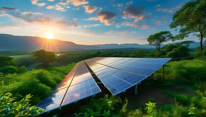 Wall Mural - Sunlit landscape of solar panels embraced by vibrant greenery and a tree, representing the essence of renewable energy.