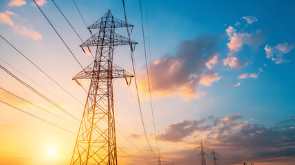 Silhouette of High voltage electric tower on sunset time background