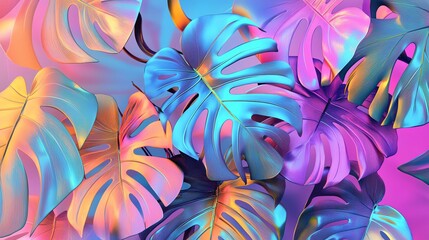 Wall Mural - Iridescent tropical leaves in a colorful neon glow.