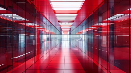 Poster - A long red hallway with a lot of glass windows