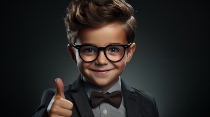 Wall Mural - School boy in eyeglasses and uniform showing thumbs up on isolated gray background.