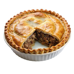 A dish of traditional m tis meat pie isolated on transparent background.