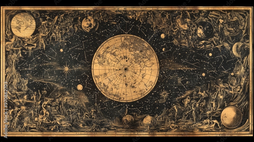 Antique Celestial Map Illustration with Zodiac Signs and Constellations ...