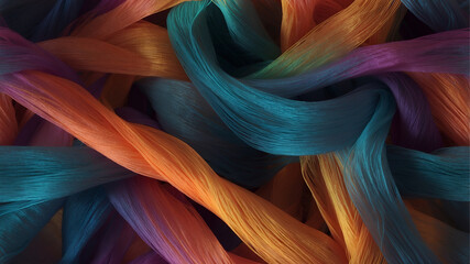 Flowing, colorful threads intertwine to create a vibrant, abstract textile pattern