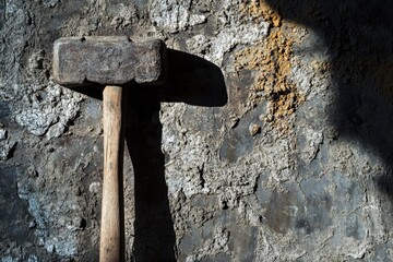 Canvas Print - Weathered Hammer Leaning Against a Cracked Wall