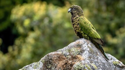 Sticker - A Green Parrot Perched on a Rock with a Blurred Green Background