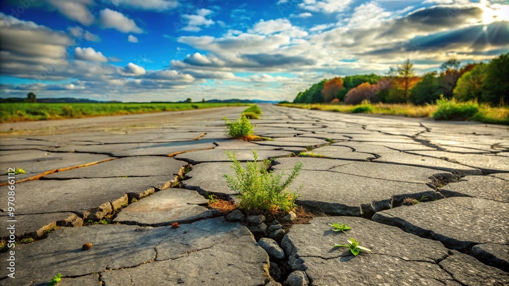 Cracked and crumbling asphalt stretches across the desolate landscape ...