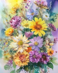 Poster - Romantic bouquet of beautiful flowers. Watercolor painting.