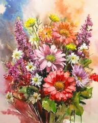 Poster - Romantic bouquet of beautiful flowers. Watercolor painting.