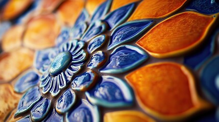 Wall Mural - Close-up of a colorful ceramic floral design with intricate details.