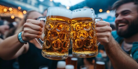  Oktoberfest. Two friends toasting with beer mugs at an outdoor festival, laughing and enjoying the party together in Germany