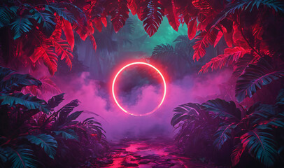 A vibrant jungle scene with lush green and red tropical leaves, enveloped in a mystical purple and red mist. The neon ring colors create a surreal, dream-like atmosphere in the dense foliage.