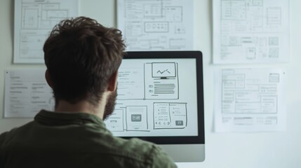 Aufkleber - A stylish man uses his futuristic computer with a transparent display and futuristic user interface. He sits at a table in a bright, modern room.